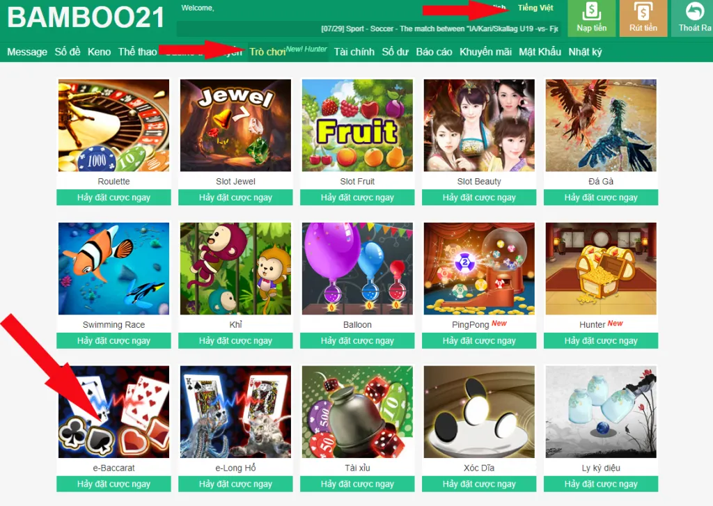 Hướng Dẫn Vào Game Bài E-Bacarat BamBoo21