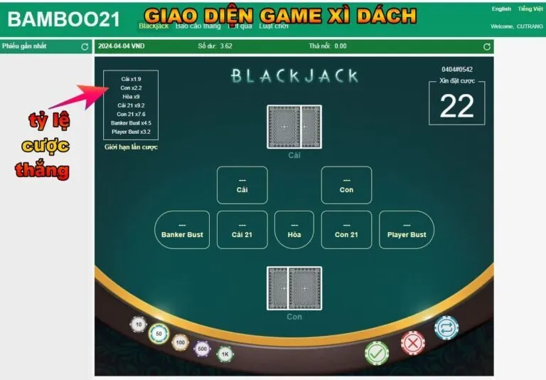 Cách Chơi Bài Xì Dách (Black Jack) BamBoo21 4 Giao diện Chơi Xì Dách (Black Jack) BamBoo21